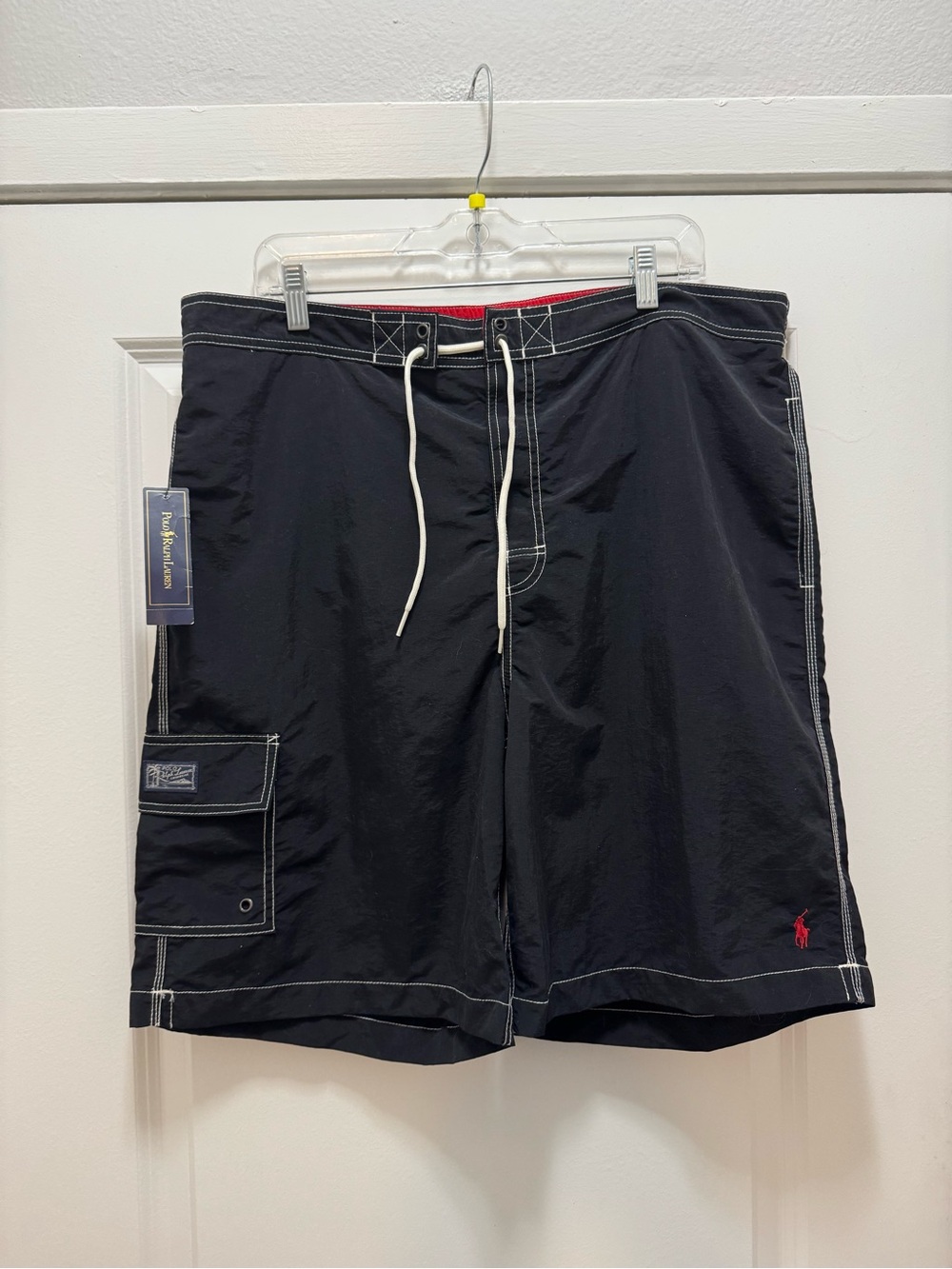 Vintage Polo Ralph Lauren Swim Trunks Black Board Shorts Drawstring Red Pony